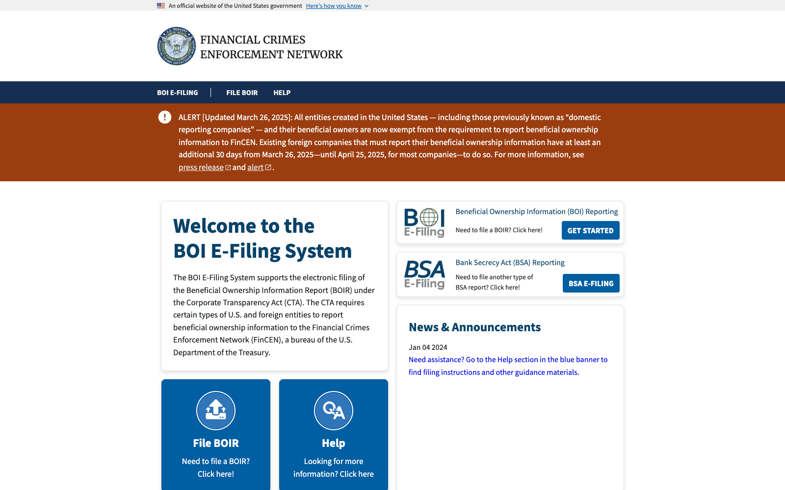FinCEN BOI E-Filing System homepage