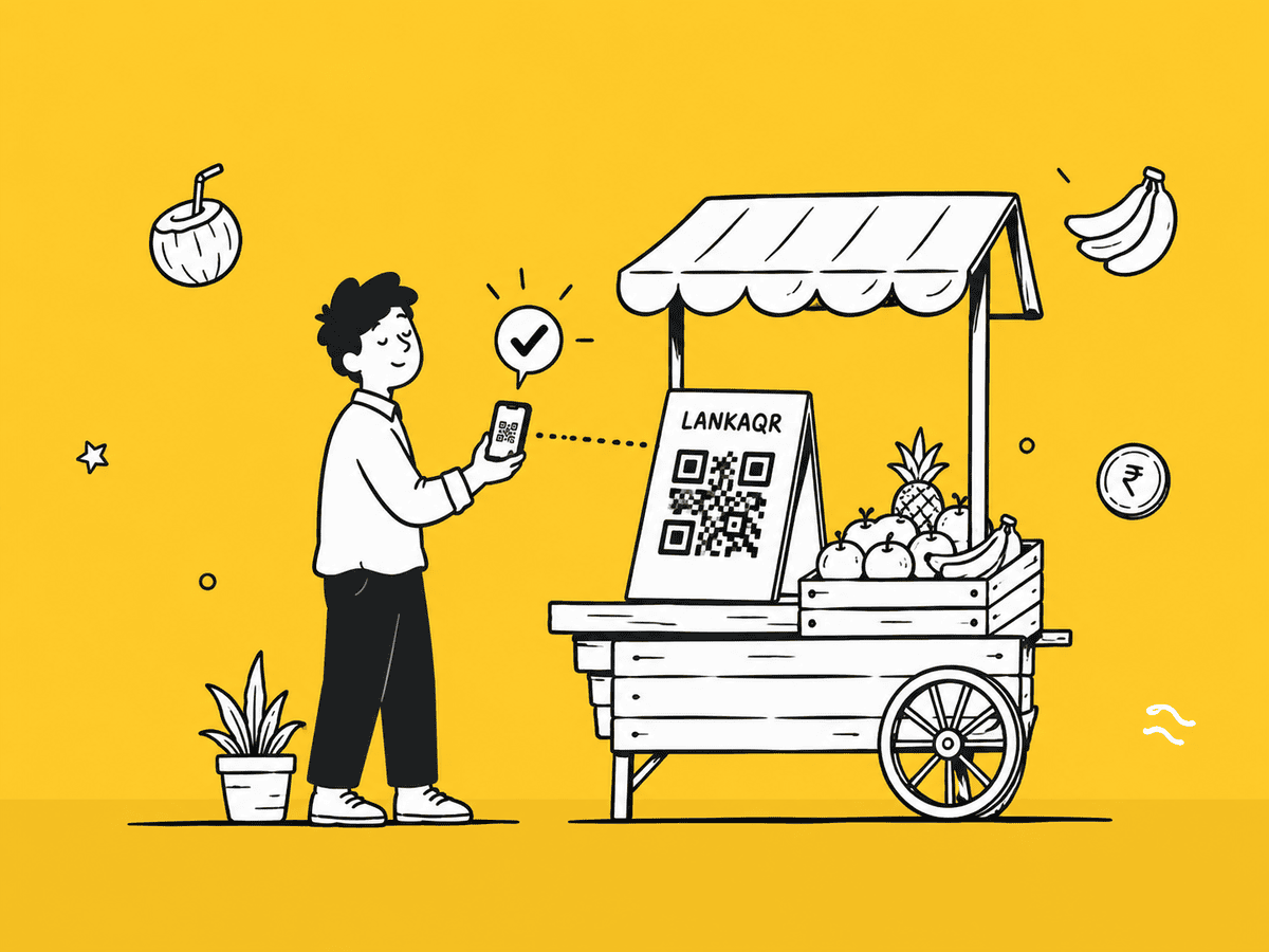 Illustration of a customer paying a small Sri Lankan vendor by scanning a LANKAQR code with a mobile phone