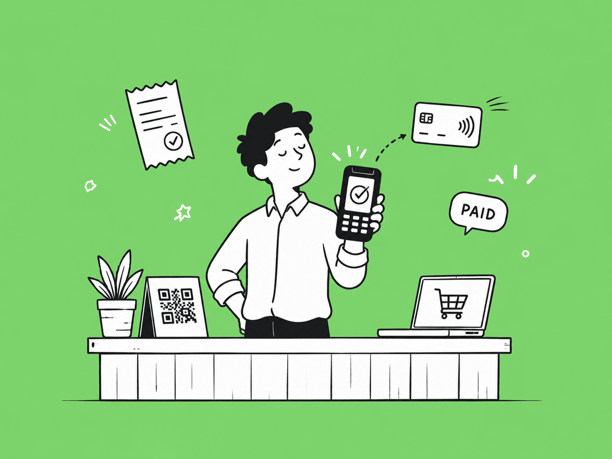 Illustration of a Sri Lankan small business owner accepting digital payments with a POS terminal and QR code