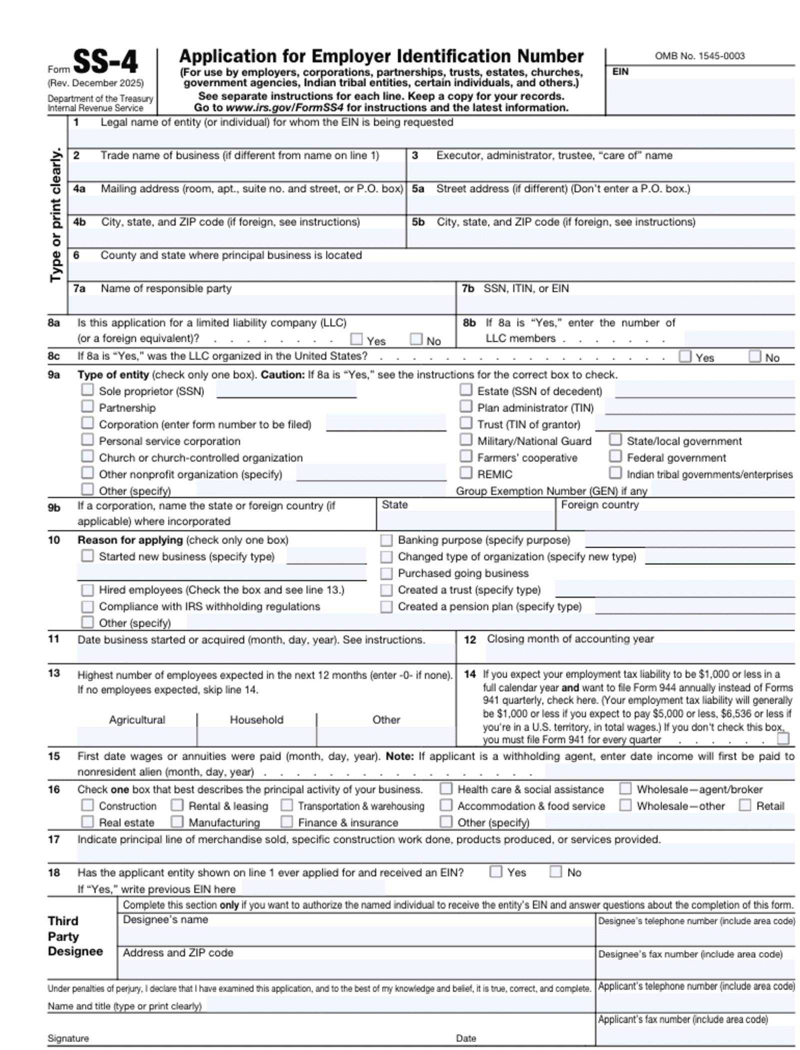 IRS Form SS-4 application for Employer Identification Number