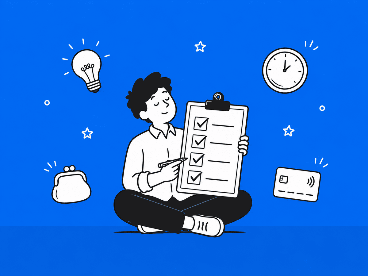 Illustration of things to consider before starting an online business in Sri Lanka including skills, time, and budget
