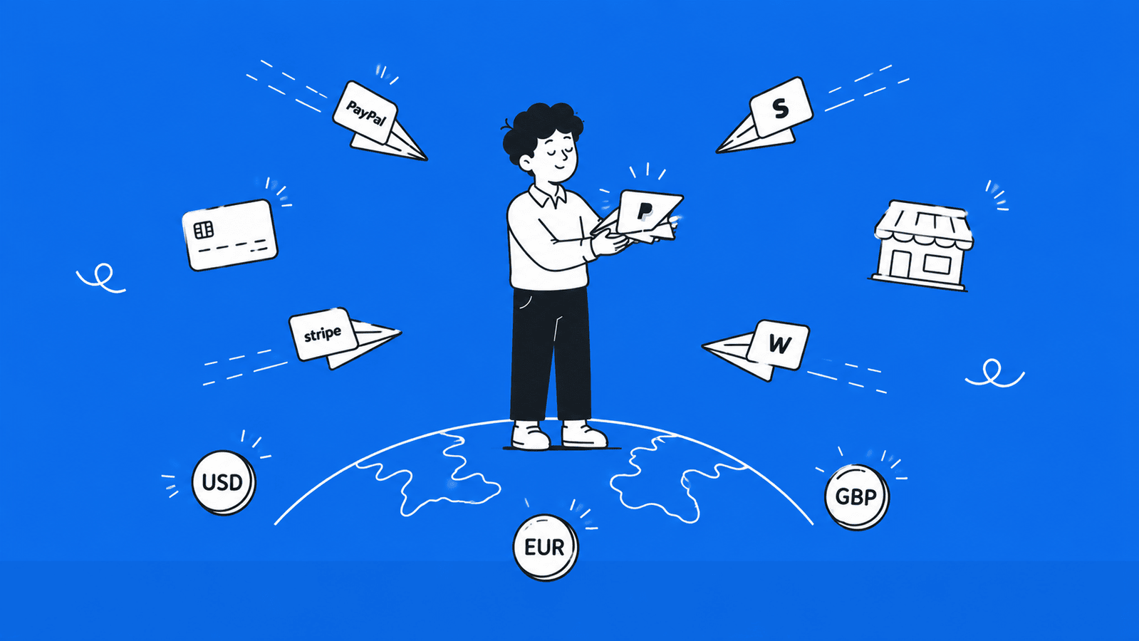Illustration of international payment gateways accepting USD EUR and GBP payments from around the world