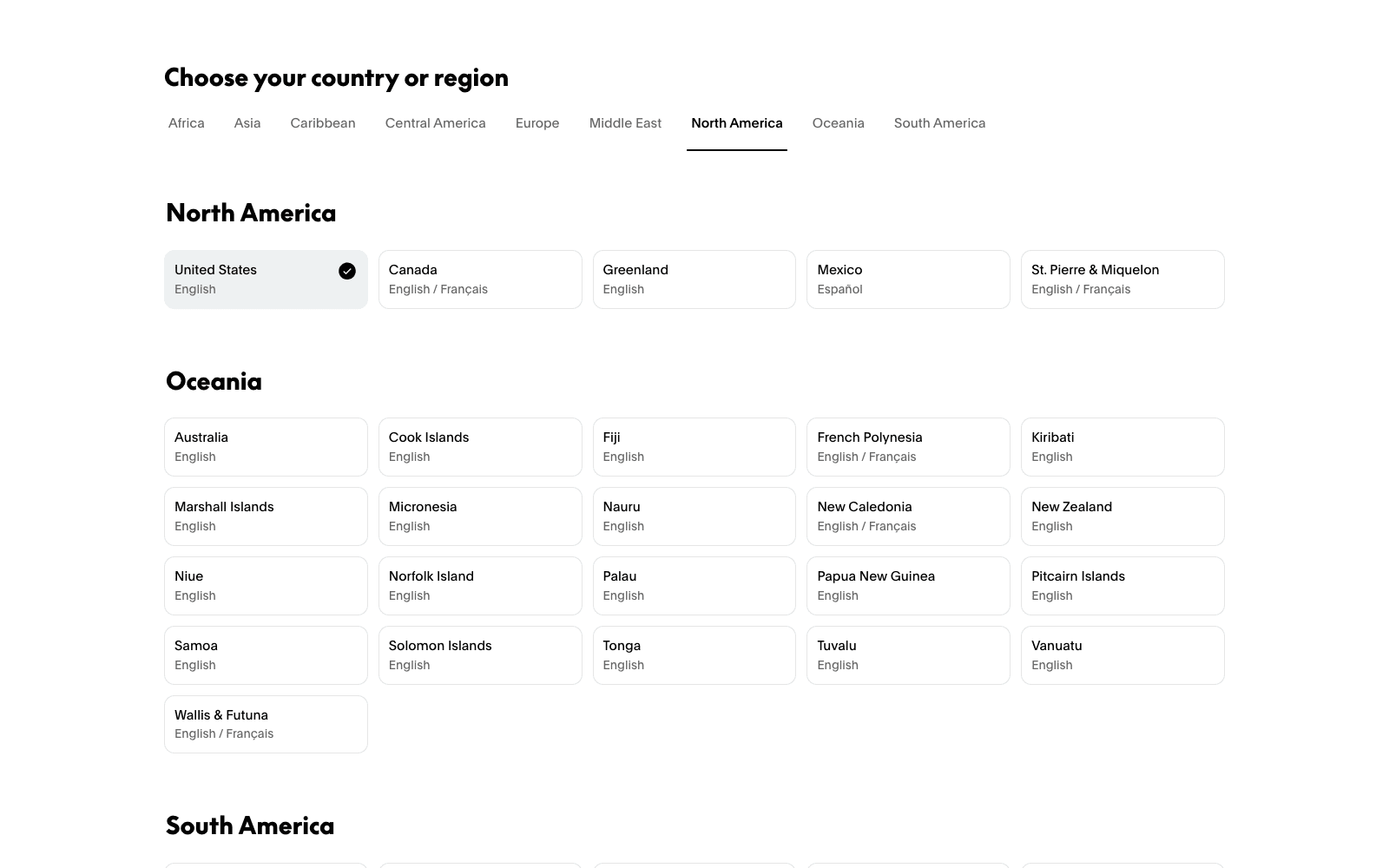 PayPal country and region availability selector