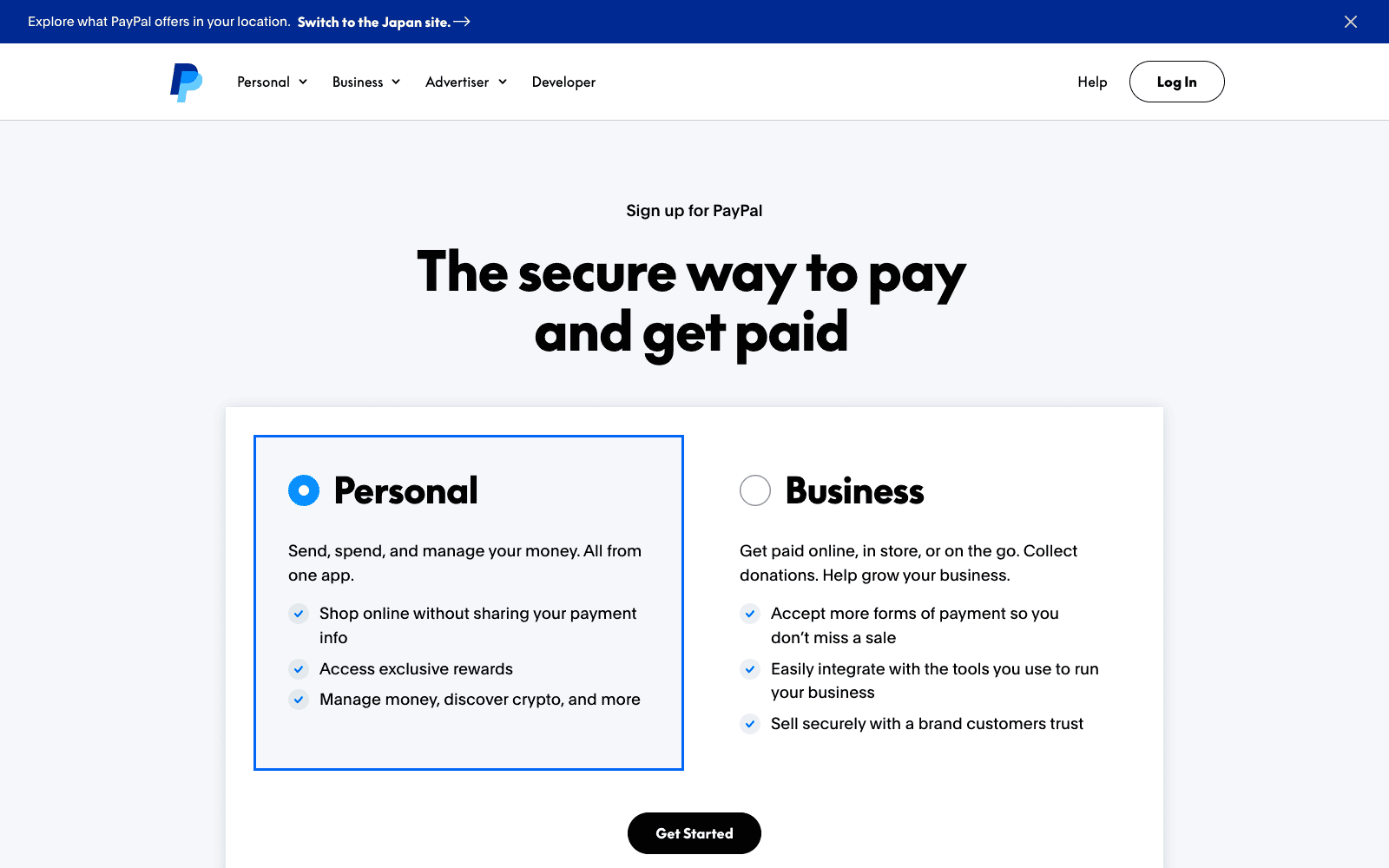 PayPal sign-up page showing Personal and Business account options