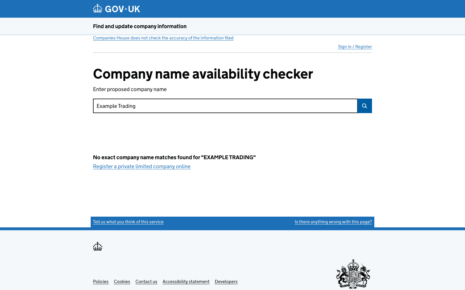 Companies House company name availability checker search result