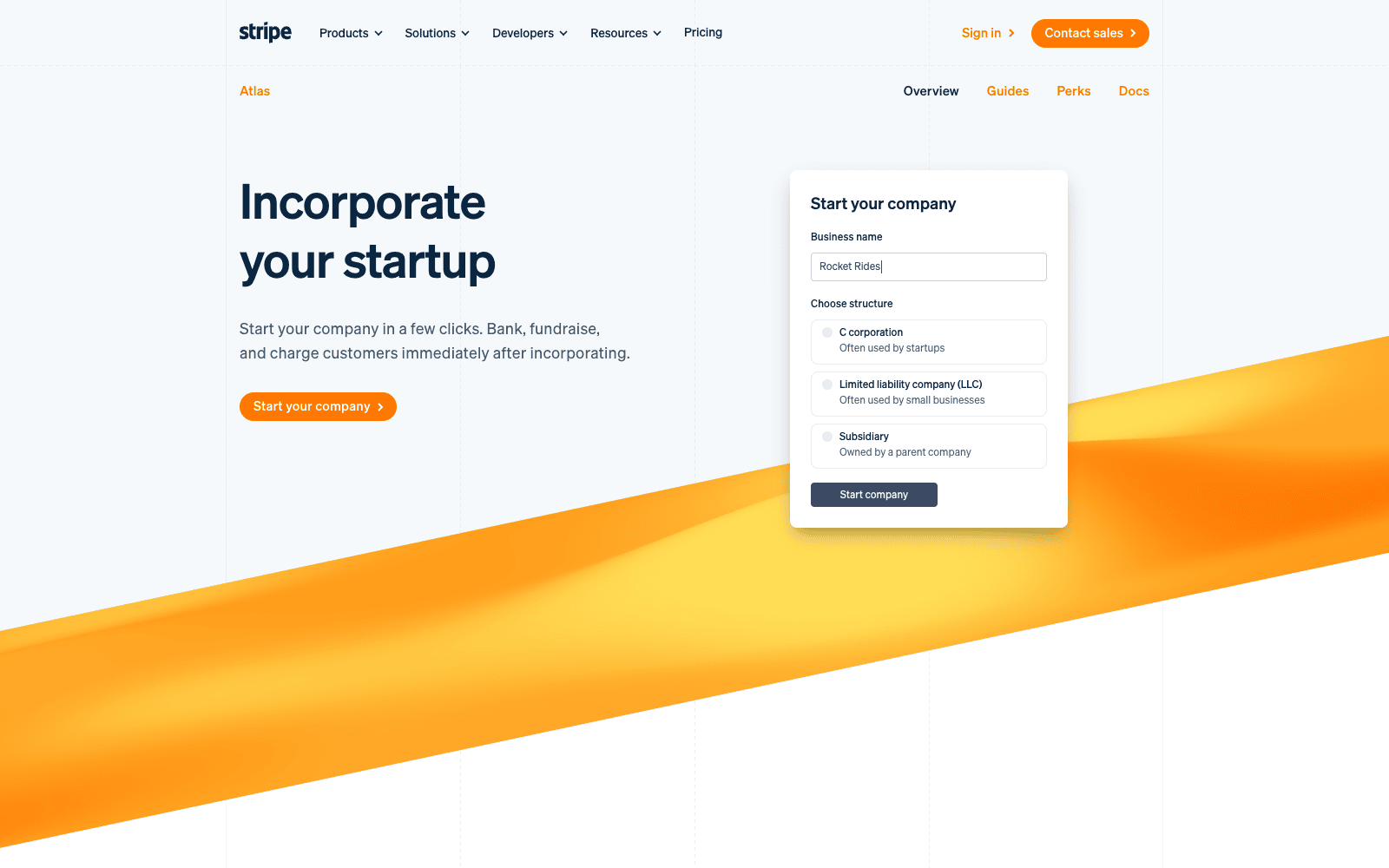 Stripe Atlas landing page for incorporating a startup