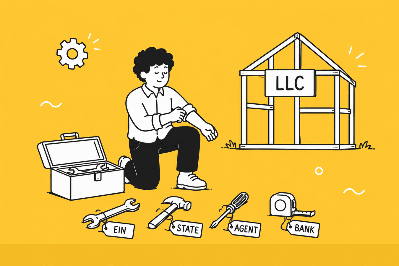 Illustration of registering your own US LLC yourself with EIN, state filing, registered agent and bank setup
