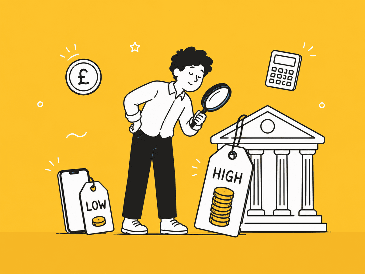 Illustration comparing UK digital bank fees versus traditional high street bank costs for Sri Lankan founders
