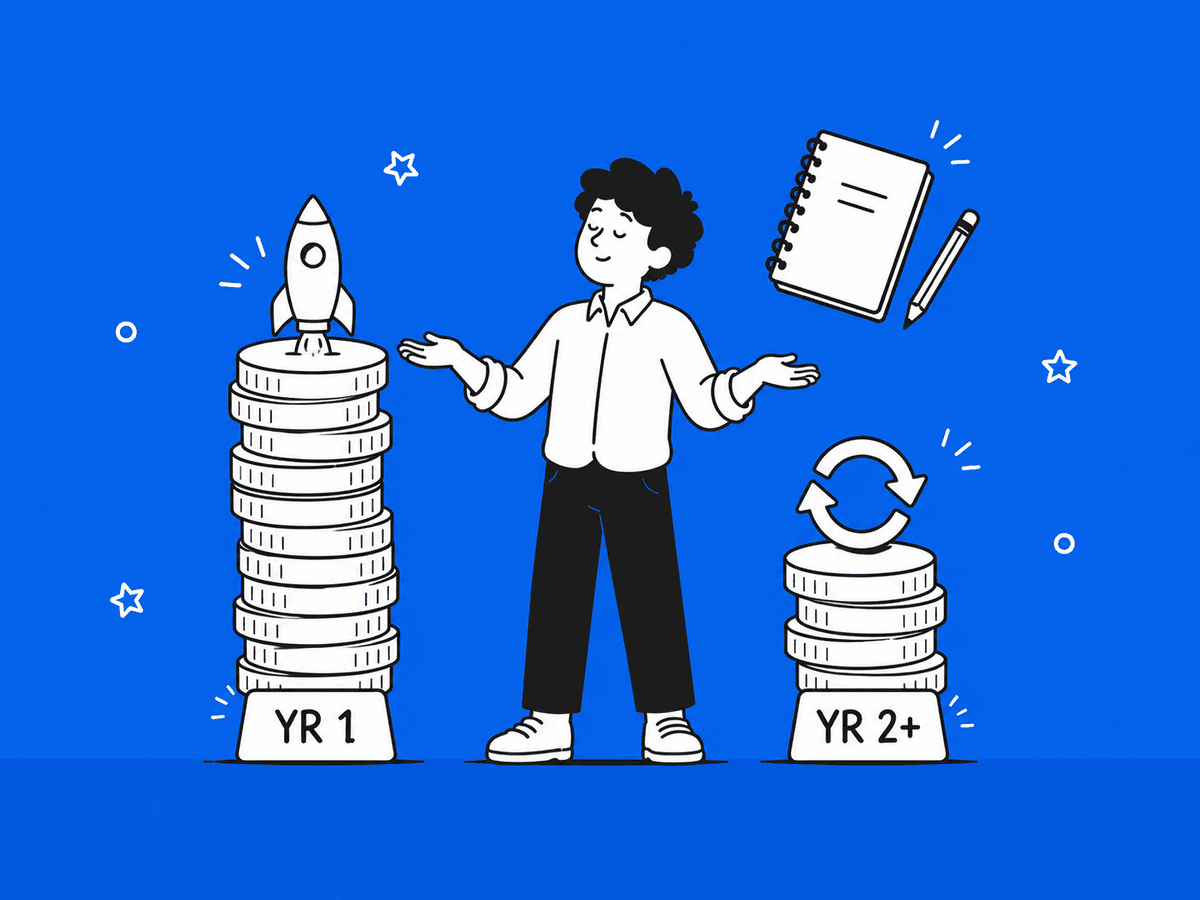 Illustration comparing year one US LLC setup costs with ongoing annual fees for non-residents