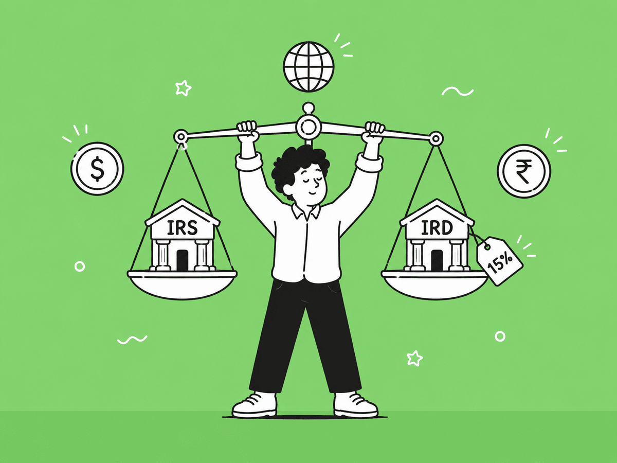 Illustration of a Sri Lankan entrepreneur balancing US IRS filings with Sri Lanka IRD tax on foreign income