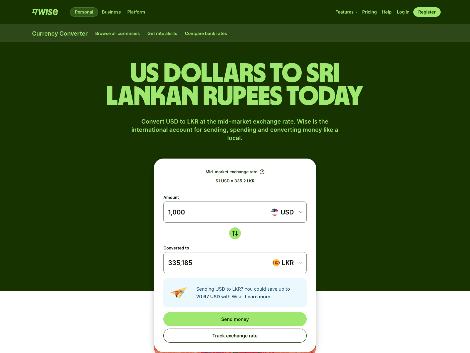 Wise currency converter showing 1,000 USD converted to Sri Lankan Rupees