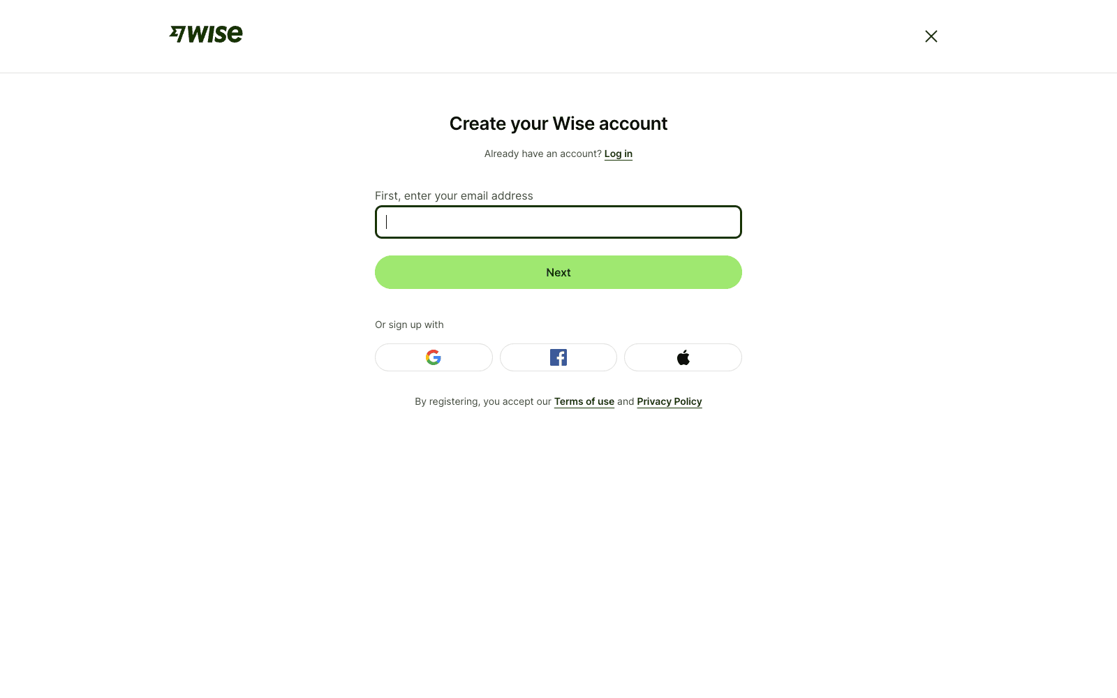 Wise account sign-up page